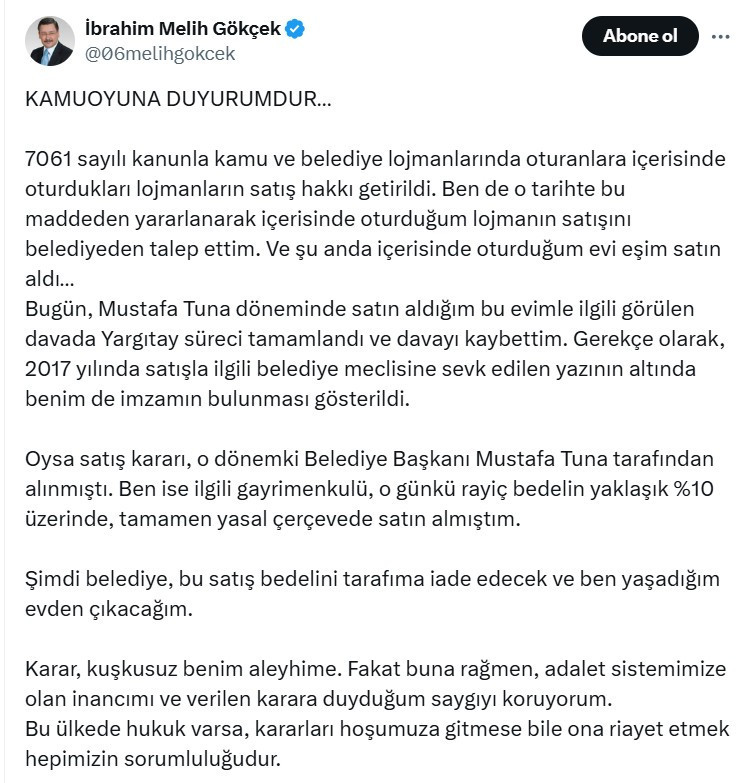 Melih Gökçek ikamet ettiği villayı Yargıtay kararıyla ABB'ye devredecek!