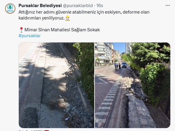 Pursaklar Belediyesi kaldırım yenileme çalışmalarına başladı