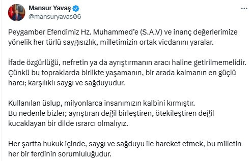 Mansur Yavaş: 'İfade özgürlüğü, nefretin ya da ayrıştırmanın aracı haline getirilmemeli'