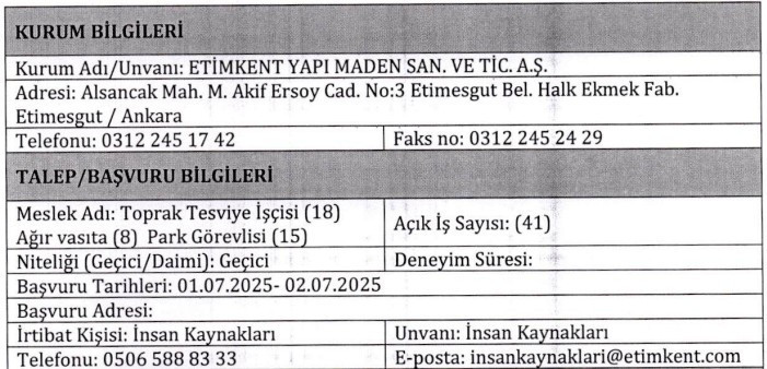 Etimesgut'ta belediye şirketine sınavsız 41 işçi alınacak