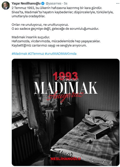 ABB CHP Grup Başkanvekili Neslihanoğlu'ndan 'Madımak' paylaşımı