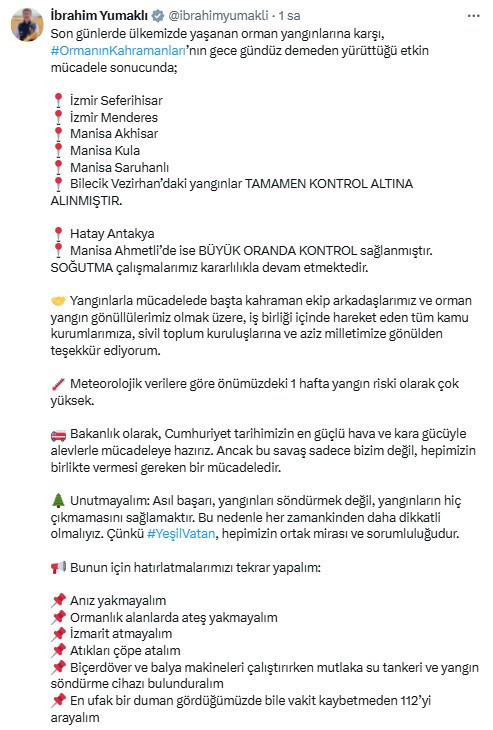 Bakan Yumaklı'dan yangın uyarısı: Önümüzdeki haftaya dikkat!