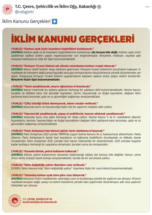Bakanlık, İklim Kanunu hakkındaki iddialara tek tek yanıt verdi