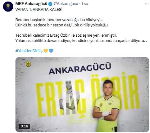 Ankaragücü kaleci Ertaç Özbir'in sözleşmesini uzattığını açıkladı
