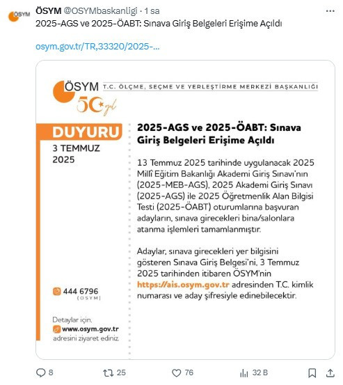 ÖSYM duyurdu: AGS sınav giriş belgeleri adayların erişimine açıldı