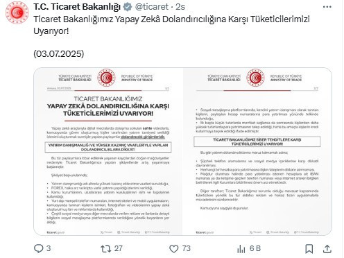 Ticaret Bakanlığı yapay zeka dolandırıcılığına karşı vatandaşları uyardı