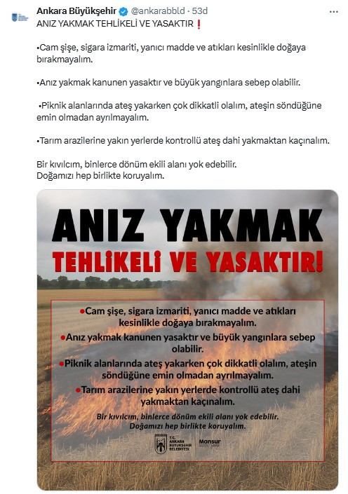 Ankara Büyükşehir Belediyesi'nden anız uyarısı!