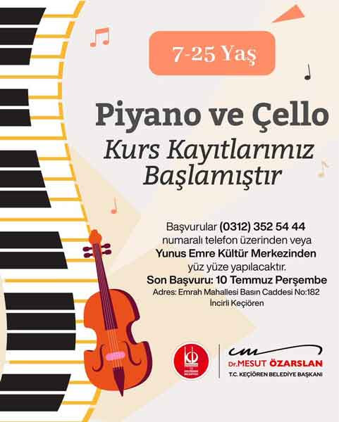 Keçiören Belediyesi'nden ücretsiz piyano ve çello kursu!