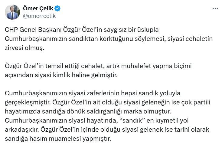 AK Parti Sözcüsü Ömer Çelik'ten Özgür Özel'e sandık yanıtı