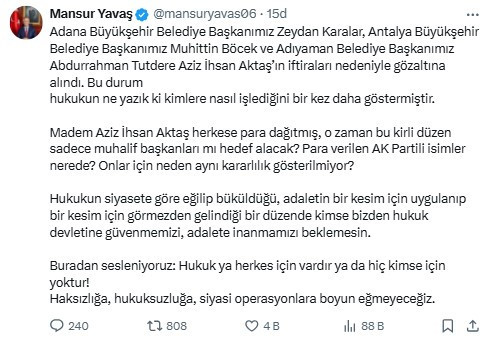 Başkan Yavaş'tan Zeydan Karalar, Muhittin Böcek ve Abdurrahman Tutdere'nin gözaltına alınmasına tepki
