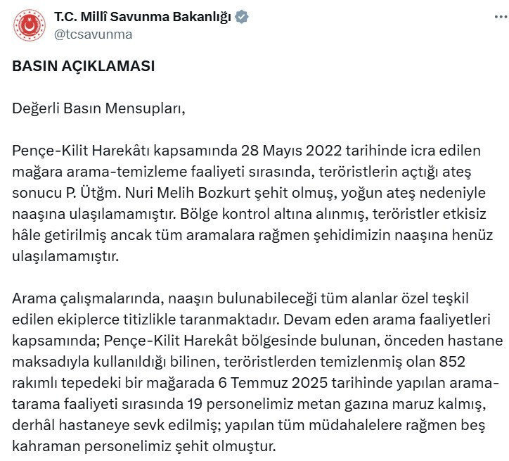 MSB acı haberi duyurdu: 19 askerimiz zehirlendi, 5'i şehit oldu