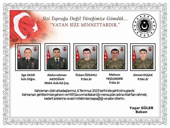 Kuzey Irak'ta şehit olan 5 askerin isimleri ve memleketleri belli oldu