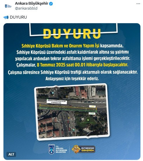 ABB duyurdu! 8 Temmuz'dan itibaren Sıhhiye Köprüsü'nde bakım çalışması başlayacak