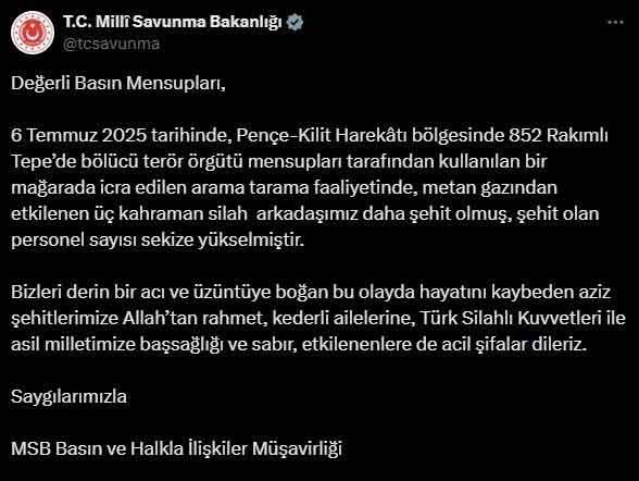 Metan gazından etkilenen 3 askerimiz daha şehit düştü