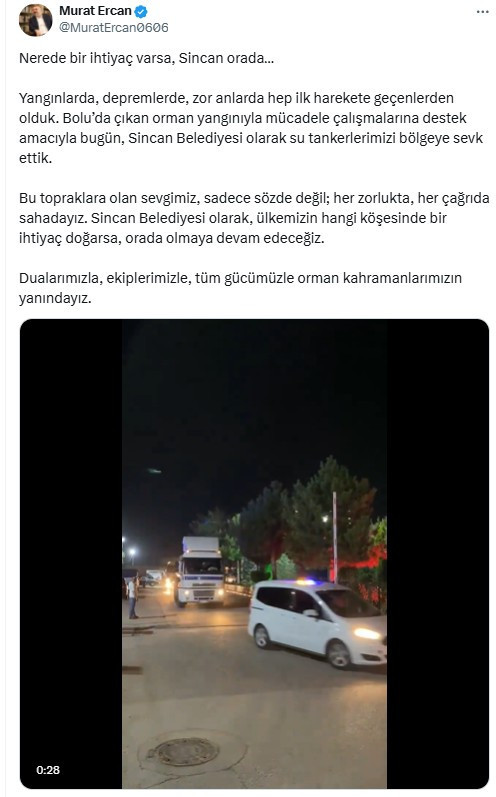 Sincan Belediyesi'nden Bolu'daki orman yangınına su tankeri desteği