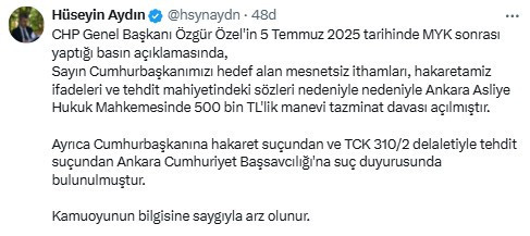 Cumhurbaşkanı Erdoğan, Özgür Özel'e 500 bin TL'lik manevi tazminat davası açtı