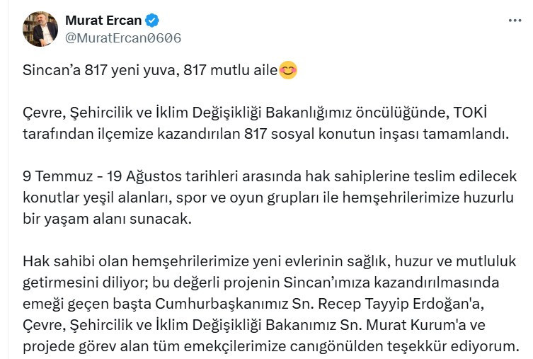 Başkan Murat Ercan Sincan'da TOKİ'nin 817 sosyal konutu teslim edeceğini duyurdu