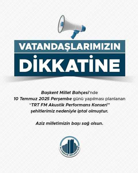 Altındağ Belediyesi, TRT FM Akustik Performans Konseri'ni şehitlerimiz nedeniyle iptal etti