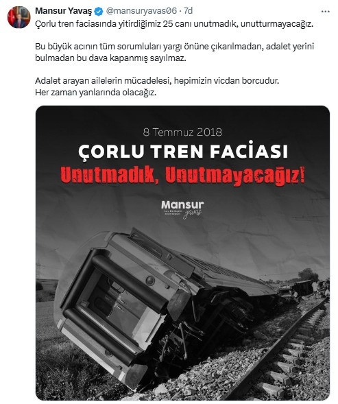 Başkan Yavaş'tan Çorlu tren faciası paylaşımı: 'Unutmadık, unutmayacağız'