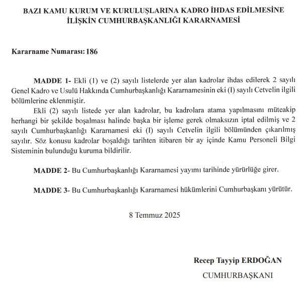 Cumhurbaşkanı Kararnamesiyle bazı bakanlıklara 2.659 kadro ihdas edildi
