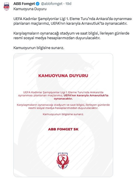 ABB Fomget UEFA maçlarının Arnavutluk'ta oynanacağını açıkladı