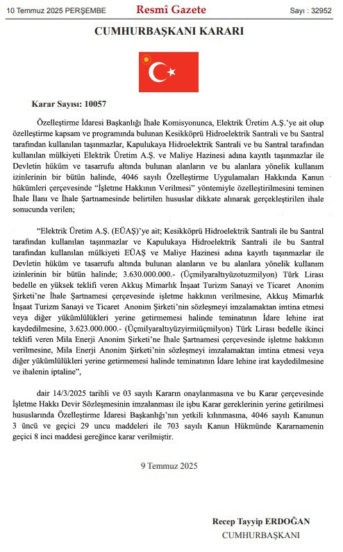 Ankara'daki Kesikköprü Hidroelektrik Santrali özelleştirildi!