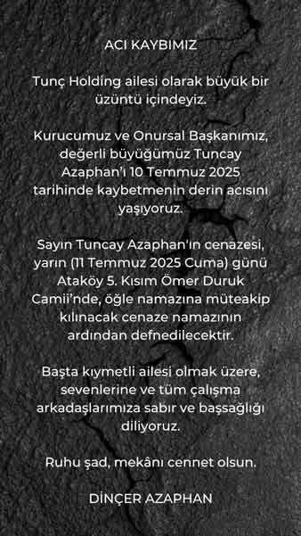 Yardımlarıyla tanınan hayırsever Dinçer Azaphan'ın babası vefat etti