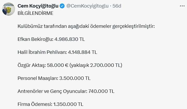 Ankaragücü yaklaşık 17 Milyon TL ödeme yapıldığını açıkladı
