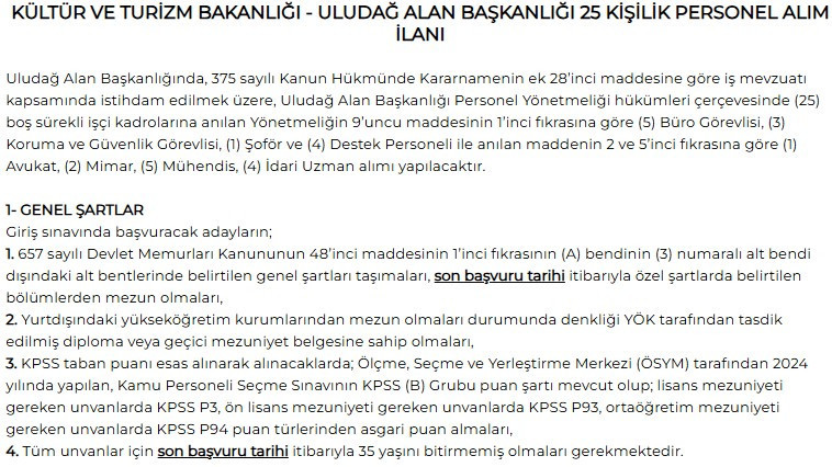 Kültür ve Turizm Bakanlığı ÖGG, şoför, mimar, avukat, büro memuru alıyor