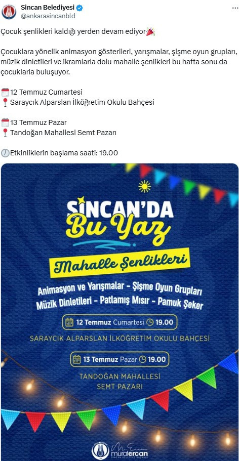 Sincan Belediyesi mahalle şenlikleri kaldığı yerden devam ediyor