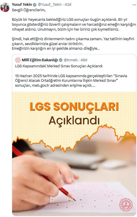 Bakan Tekin'den LGS paylaşımı: 'Şimdi dinlenmenin tadını çıkarma zamanı'