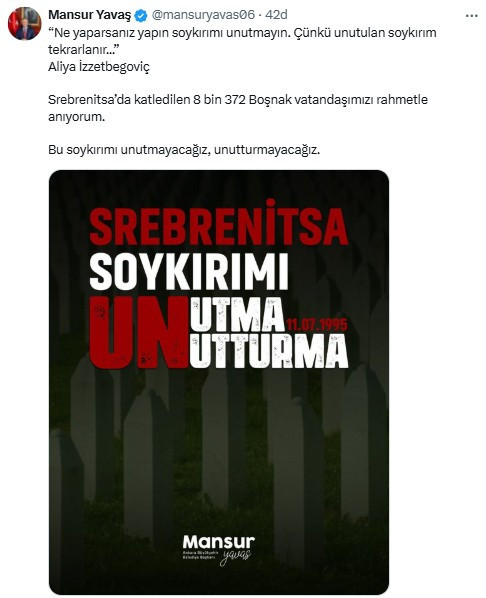 Başkan Yavaş'tan Srebrenitsa Soykırımı paylaşımı: 'Unutulan soykırım tekrarlanır'