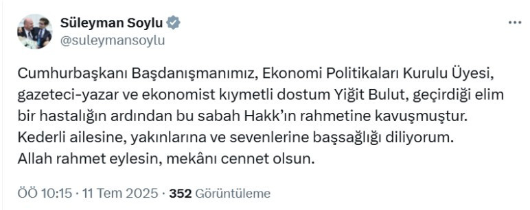 Son Dakika: Cumhurbaşkanı Başdanışmanı Yiğit Bulut vefat etti