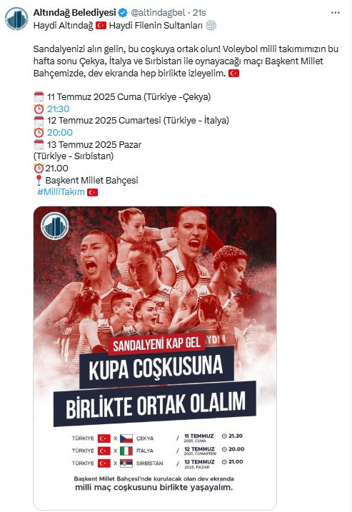 Altındağ Belediyesi'nden 12-13 Temmuz'da Millet Bahçesi'nde Milli Maçı izleme daveti