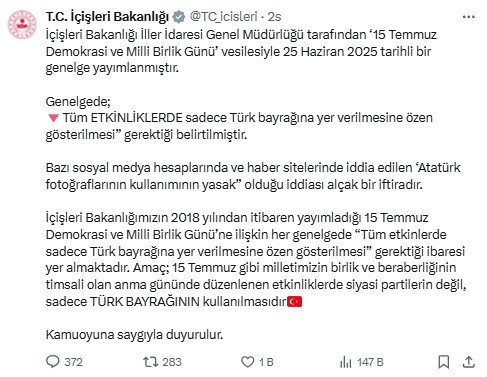 Bakanlık, 15 Temmuz etkinliklerinde Atatürk fotoğrafı kullanımının yasaklandığı iddiasını yalanladı