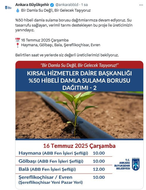 ABB, 16 Temmuz'da yüzde 50 hibeli damla sulama borusunun dağıtılacağı adresleri açıkladı