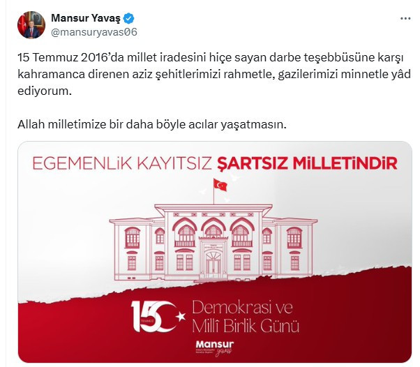 ABB Başkanı Mansur Yavaş'tan 15 Temmuz mesajı: Allah milletimize bir daha böyle acılar yaşatmasın