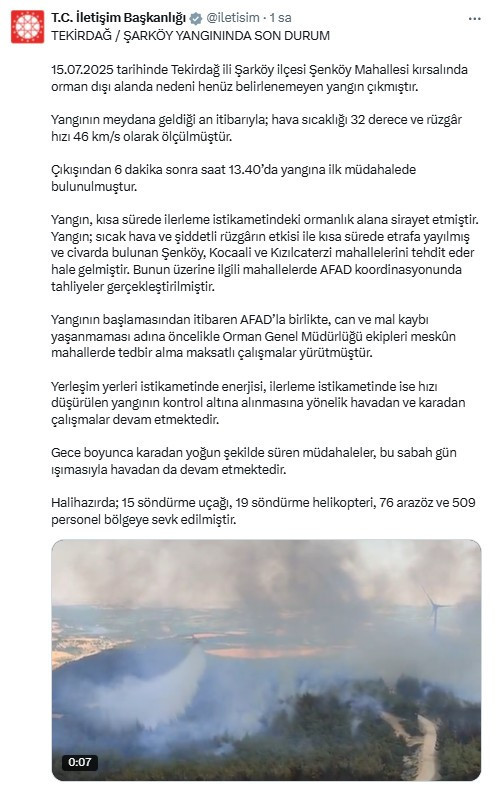 İletişim Başkanlığı'ndan Tekirdağ'da devam eden yangına ilişkin açıklama geldi!