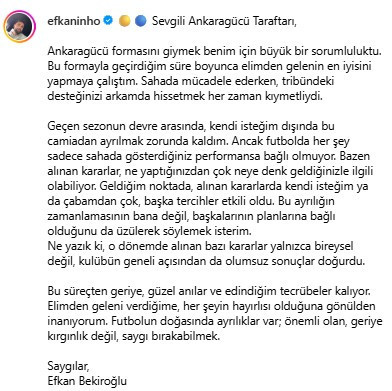 Ankaragücü oyuncusu Efkan Bekiroğlu taraftarlar için veda mesajı paylaştı