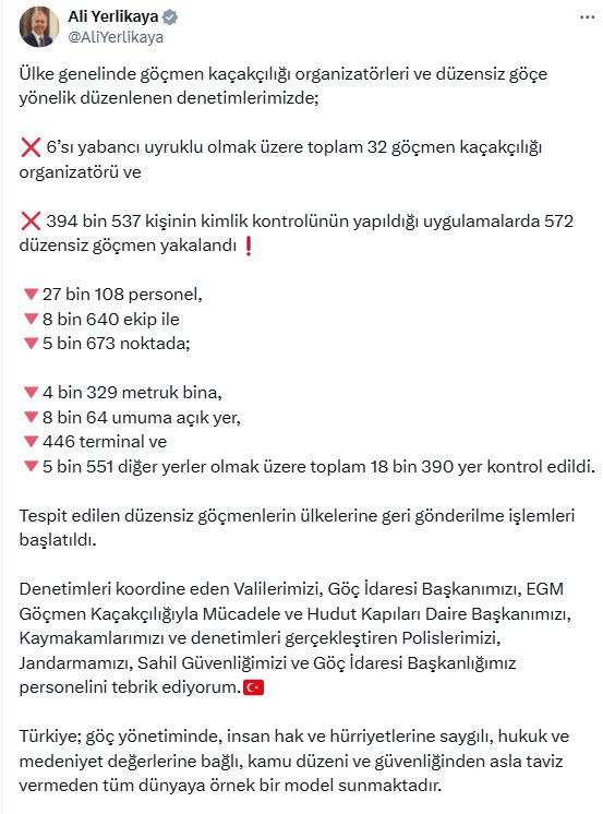 Bakan Yerlikaya 32 göçmen kaçakçılığı organizatörünün yakalandığını açıkladı