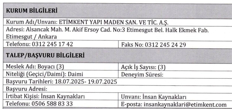 Etimesgut Belediyesi ETİMKENT daimi boyacı alımı yapacak