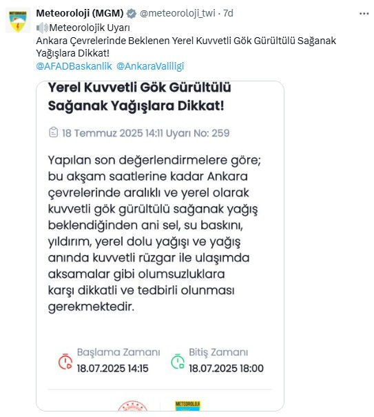 Başkent için gök gürültülü sağanak yağış uyarısı verildi!