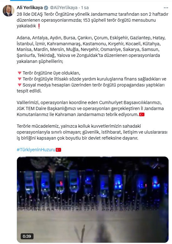 Bakan Yerlikaya 28 ilde düzenlenen DEAŞ operasyonlar hakkında bilgi verdi