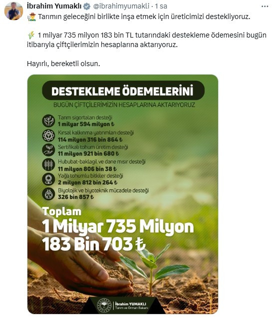 Bakan Yumaklı duyurdu! Çiftçilere destekleme ödemeleri gün içinde yatırılacak