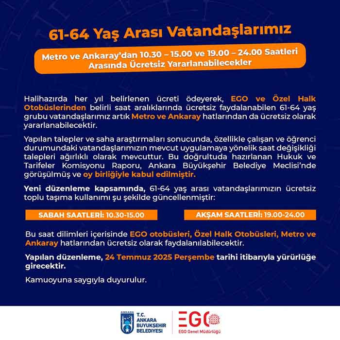 EGO'dan 61-64 yaş arasına yeni ücretsiz toplu taşıma hakkı verildi