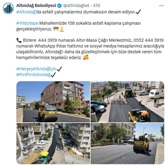 Altındağ Belediyesi'nden asfalt kaplama çalışması!