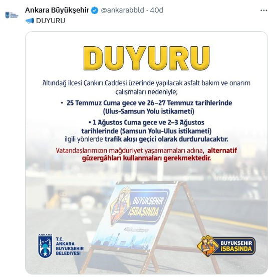 ABB duyurdu: 25-26-27 Temmuz ile 1-2-3 Ağustos'ta bazı yönlerde trafik akışı durdurulacak