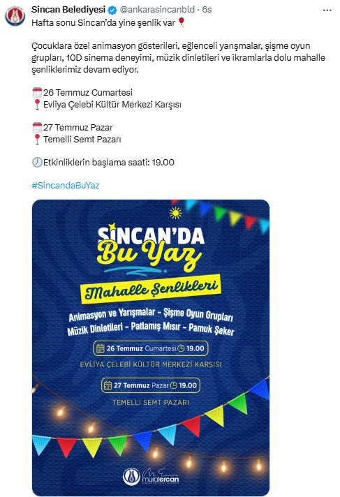 Sincan Belediyesi 26-27 Temmuz Mahalle Şenlikleri programını duyurdu!
