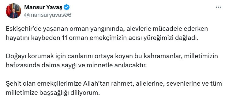Mansur Yavaş'tan şehit olan orman işçileri için taziye mesajı