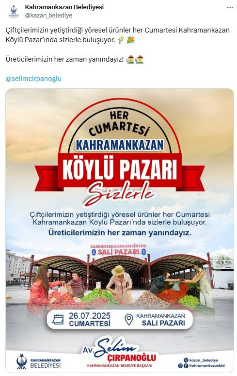 Kahramankazan Belediyesi, Köylü Pazarı ile üreticilere destek veriyor